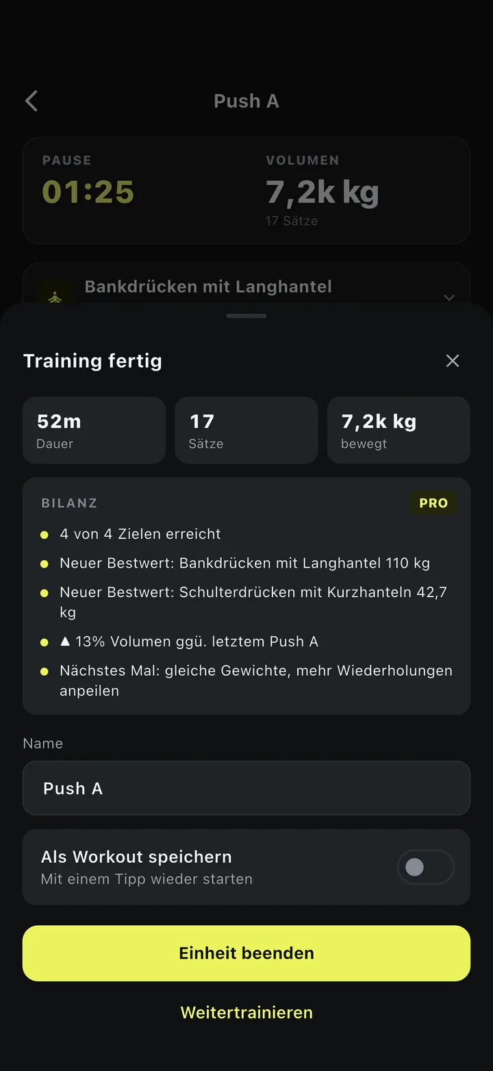 IyalGym, Training beendet: 52 Minuten, 17 Sätze, 7,2 Tonnen bewegt und eine Bilanz mit 4 von 4 erreichten Zielen, zwei neuen Bestwerten und 13 % mehr Volumen als beim letzten Push A.