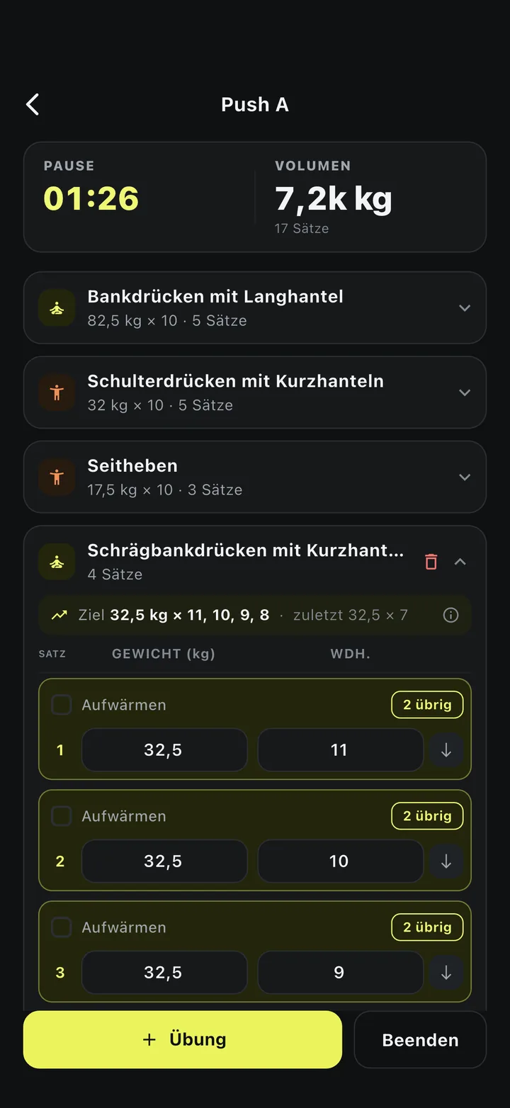 Ein IyalGym-Training: Pausentimer bei 1:26, 7,2 Tonnen bewegt und Schrägbankdrücken mit Kurzhanteln mit dem Ziel 32,5 kg für 11, 10, 9 und 8 Wiederholungen über den Sätzen.