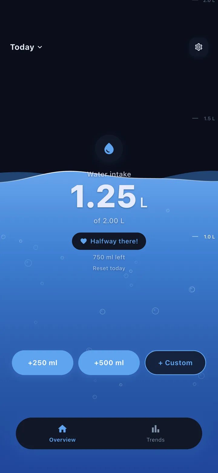 IyalSip overview: 1.25 litres of a 2.00 litre goal, blue water filling the lower half of the screen, and buttons for +250 ml, +500 ml and Custom.